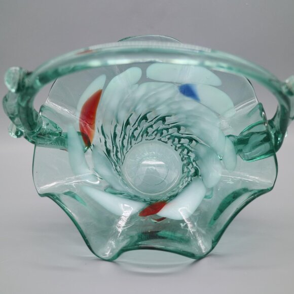 Vintage Hand Blown Art Glass Basket Large Blown Glass Decor Red White Spotted 8" - Picture 7 of 8